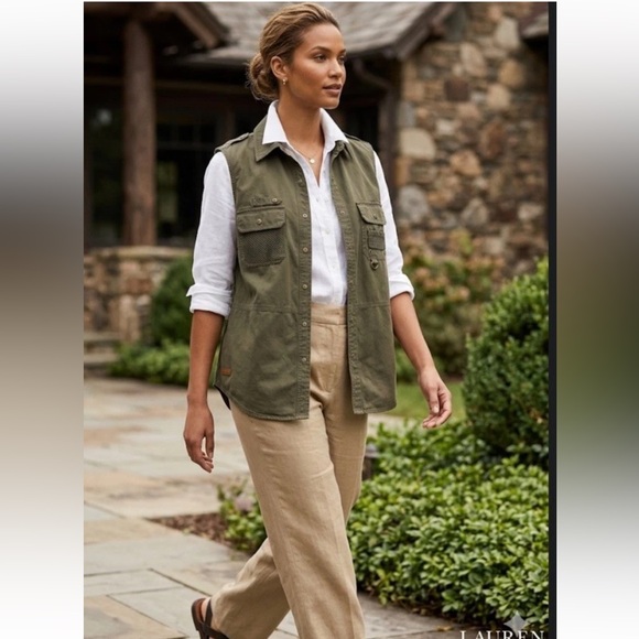 Lauren Ralph Lauren olive green ladies military style snap up vest shirt size M - Picture 11 of 12